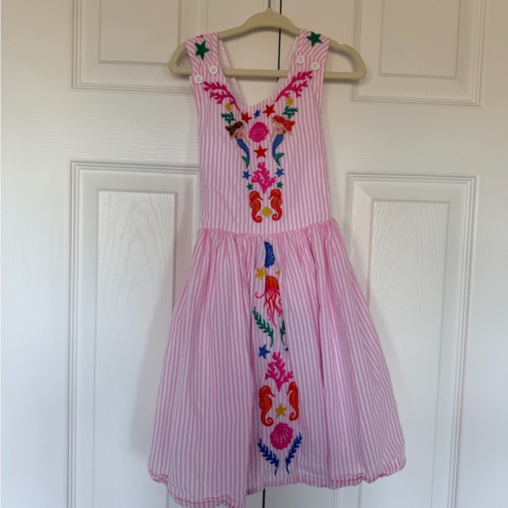 Mini Boden Striped Pink Dress with Colorful Embroidery